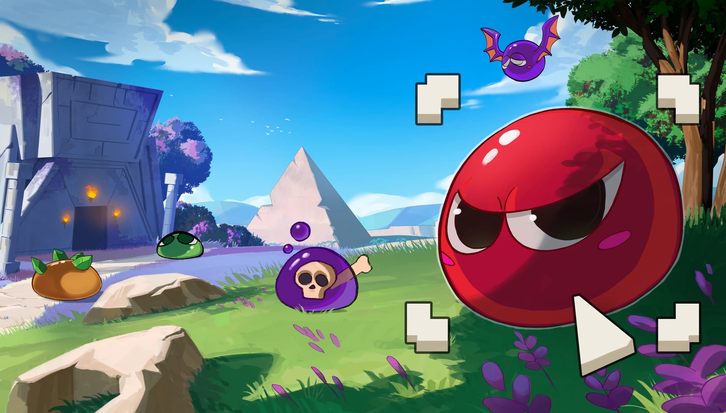 Slay the Slime artwork: colorful slimes in a grassy landscape, with a cursor targeting a giant red slime